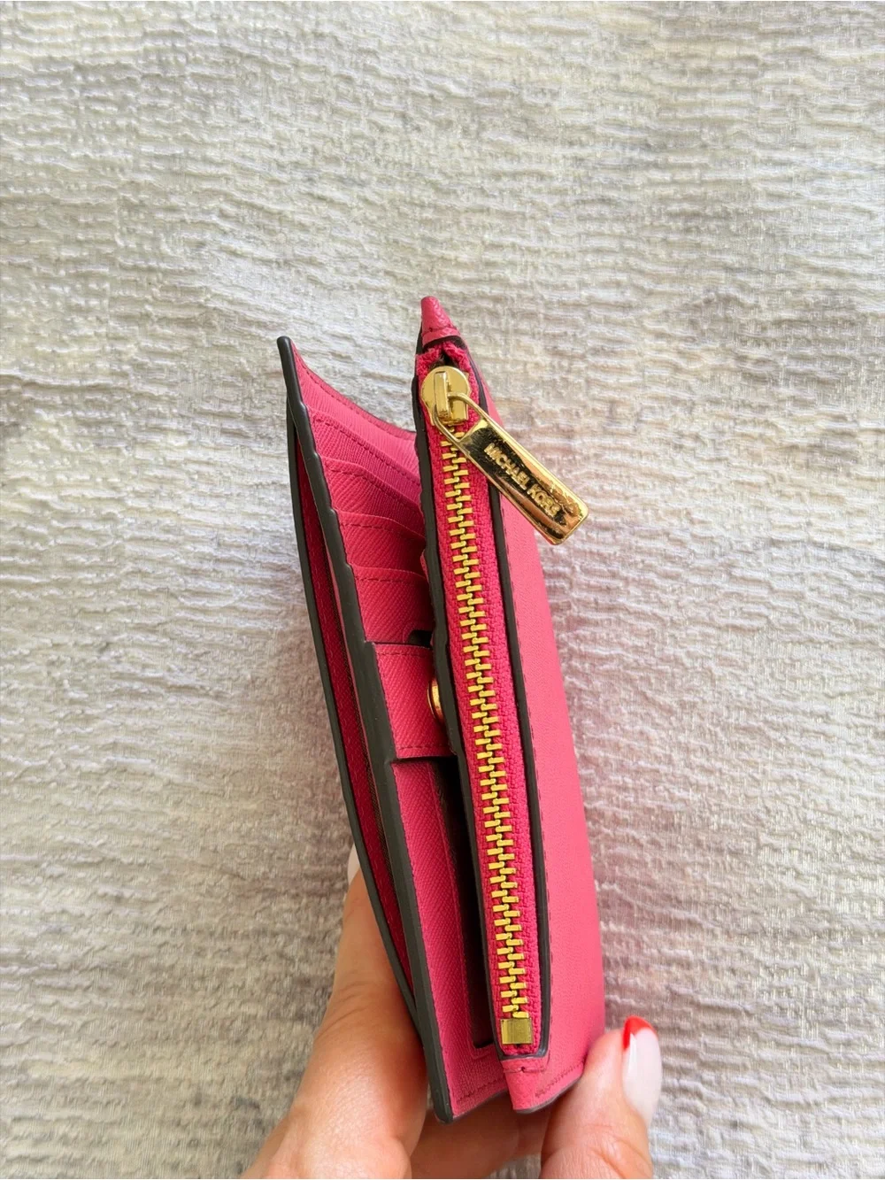 MICHAEL KORS Bright Pink Saffiano Zip Wallet with Gold Hardware